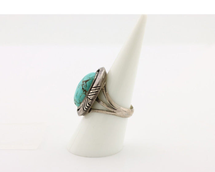 Navajo Ring 925 Silver Natural Blue Turquoise Artist Signed Pictograph C.80's