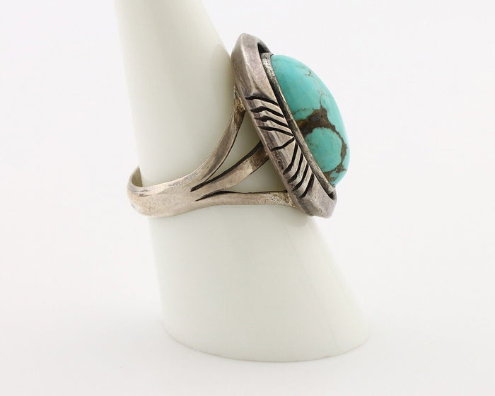 Navajo Ring 925 Silver Natural Blue Turquoise Artist Signed Pictograph C.80's