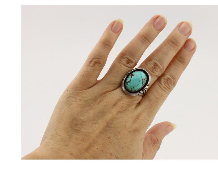 Navajo Ring 925 Silver Natural Blue Turquoise Artist Signed Pictograph C.80's