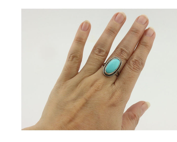 Navajo Ring .925 Silver Natural Blue Turquoise Native American Artist C.80's