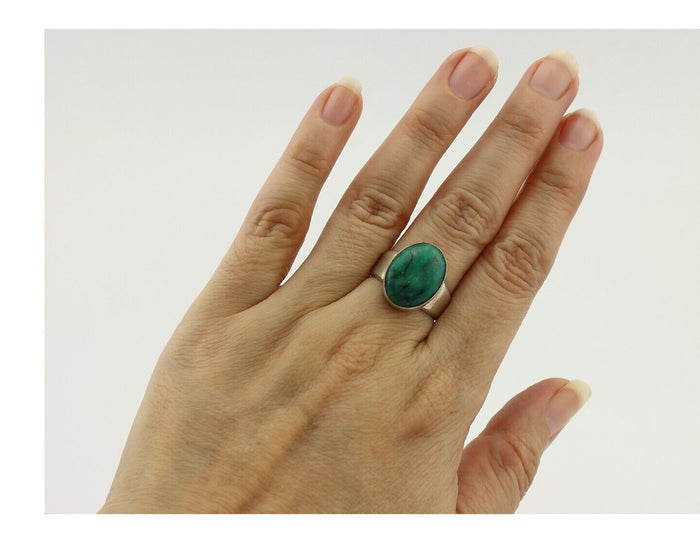 Navajo Ring 925 Silver Natural Green Turquoise Artist Signed Sunrise C.80's