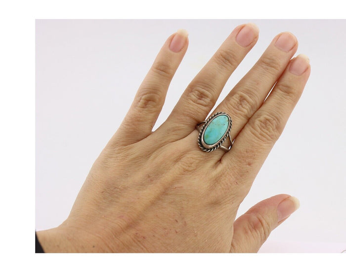 Navajo Ring .925 Silver Natural Kingman Turquoise Native American Artist C.80's
