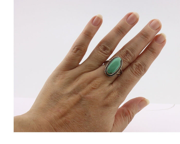 Navajo Ring 925 Silver Natural Kingman Turquoise Signed M Montoya C.80's