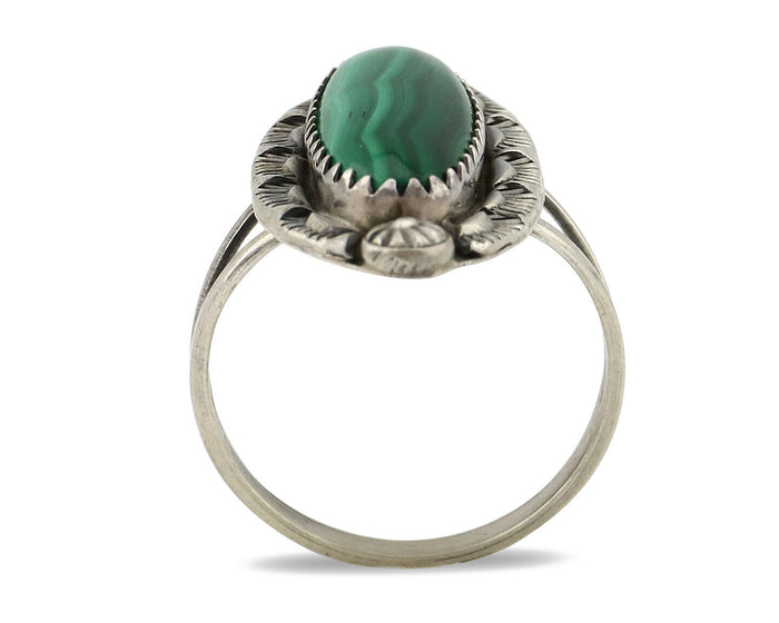 Navajo Ring 925 Silver Natural Malachite Artist Native American Signed H C.80's