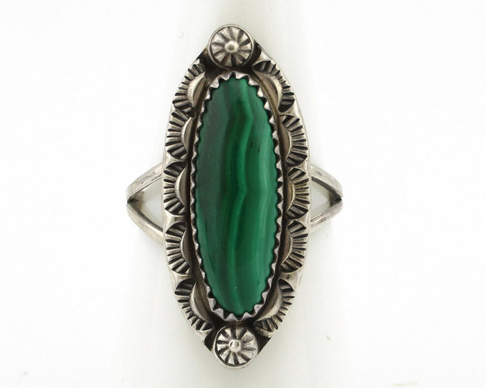 Navajo Ring 925 Silver Natural Malachite Artist Native American Signed H C.80's
