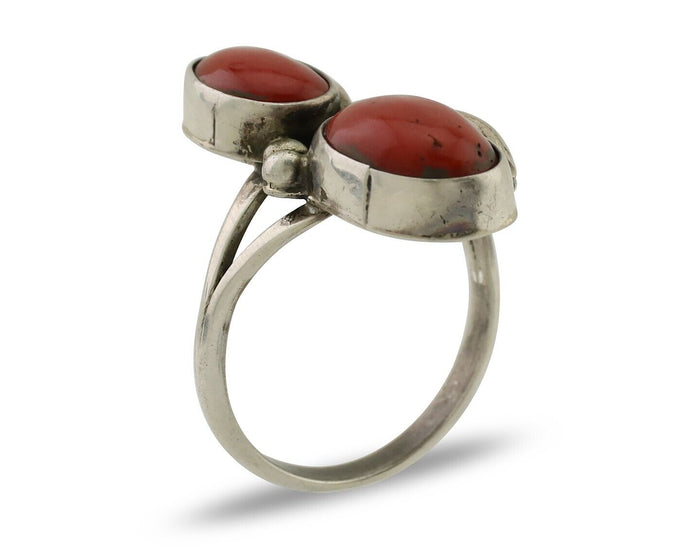 Navajo Ring 925 Silver Natural Mediterranean Coral Artist Signed A C.80's