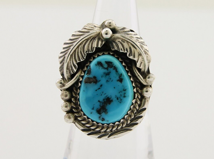 Navajo Ring .925 Silver Natural Slab Turquoise Artist Signed M. S. C.80's