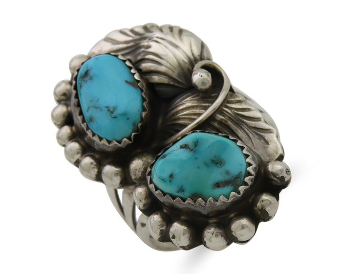 Navajo Ring 925 Silver Natural Turquoise Artist Signed LR C.80's Size 8.0