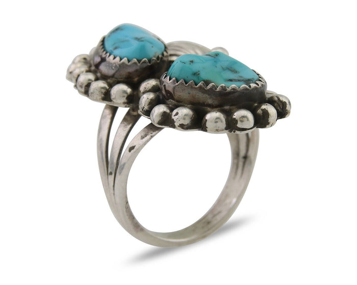 Navajo Ring 925 Silver Natural Turquoise Artist Signed LR C.80's Size 8.0