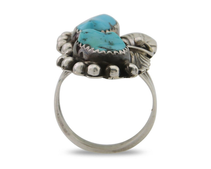 Navajo Ring 925 Silver Natural Turquoise Artist Signed LR C.80's Size 8.0