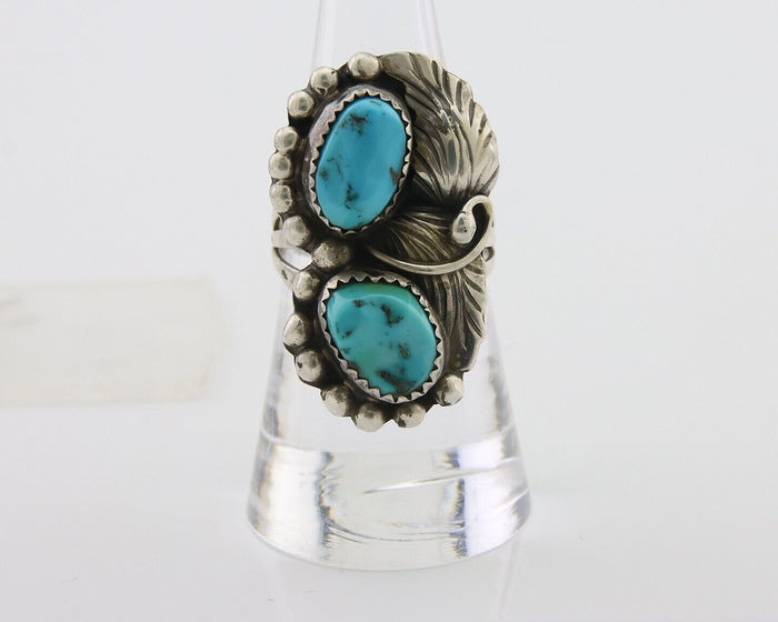 Navajo Ring 925 Silver Natural Turquoise Artist Signed LR C.80's Size 8.0