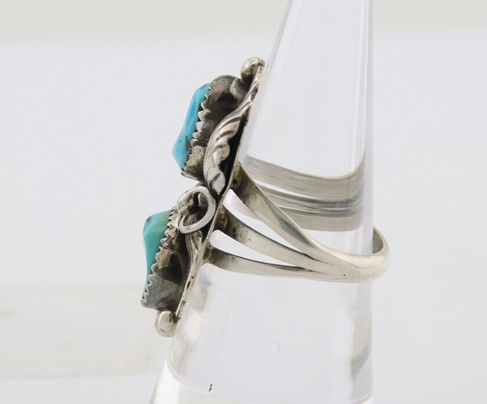 Navajo Ring 925 Silver Natural Turquoise Artist Signed LR C.80's Size 8.0