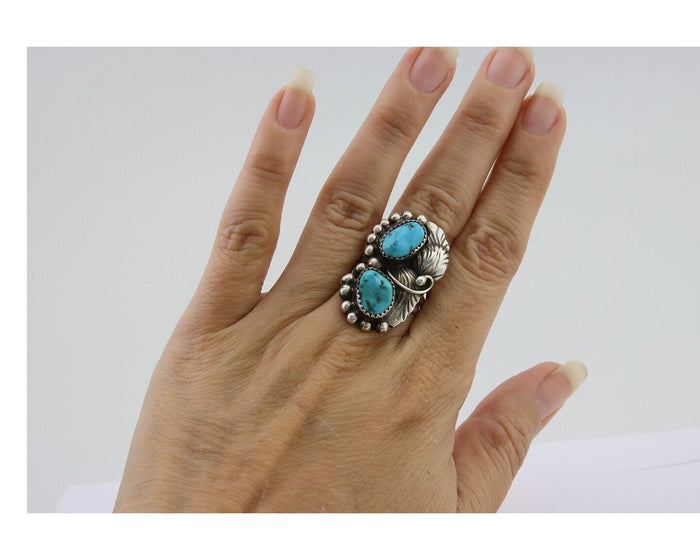 Navajo Ring 925 Silver Natural Turquoise Artist Signed LR C.80's Size 8.0