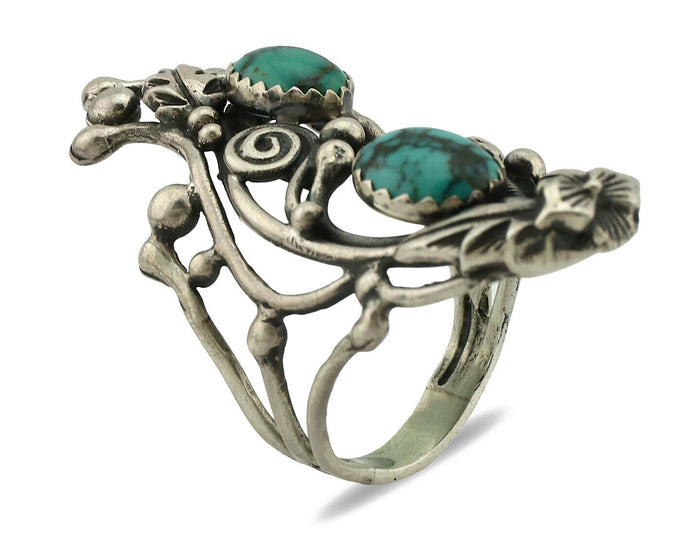 Navajo Ring .925 Silver Natural Turquoise Signed Prairie Fire C.80's