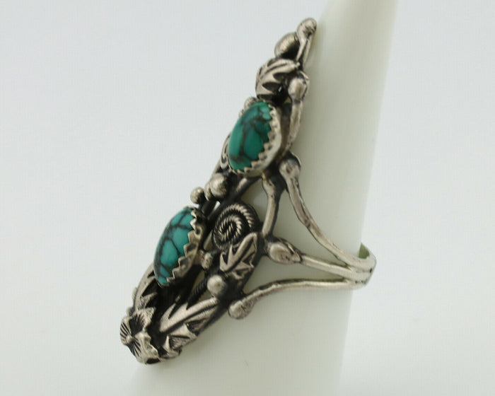 Navajo Ring .925 Silver Natural Turquoise Signed Prairie Fire C.80's