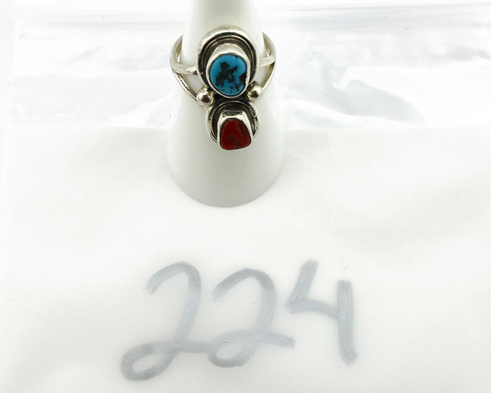 Navajo Ring .925 Silver Red Coral & Blue Turquoise Native Artist C.80's