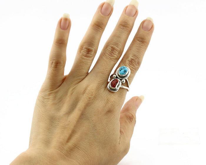 Navajo Ring .925 Silver Red Coral & Blue Turquoise Native Artist C.80's