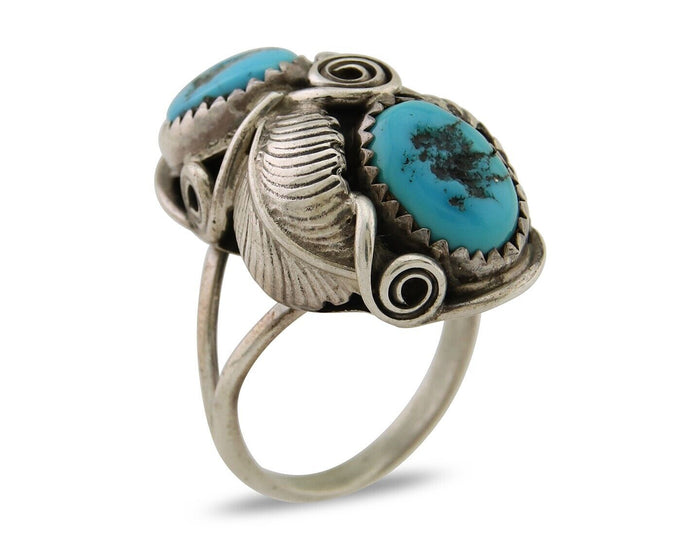 Navajo Ring .925 Silver Sleeping B Turquoise Artist Signed MP C.80's
