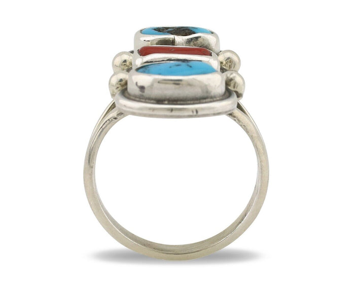 Navajo Ring 925 Silver Sleeping B Turquoise & Coral Native American Artist C.80s