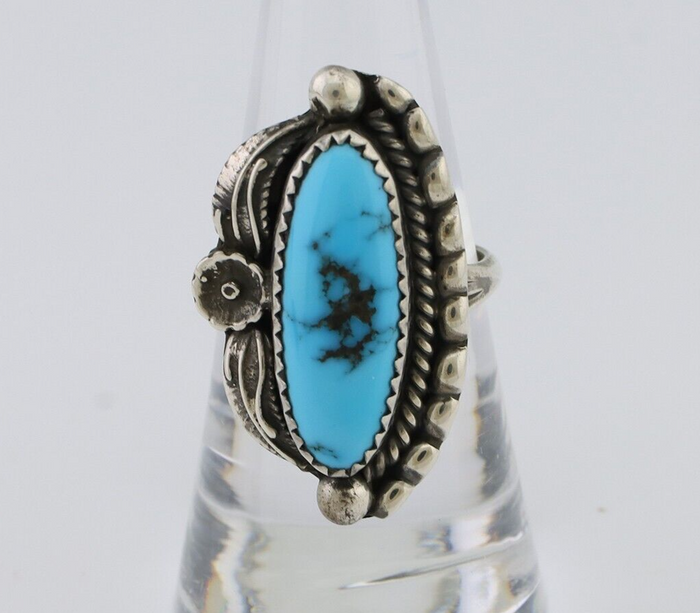 Navajo Ring 925 Silver Sleeping Beauty Turquoise Artist Signed SC C.80's
