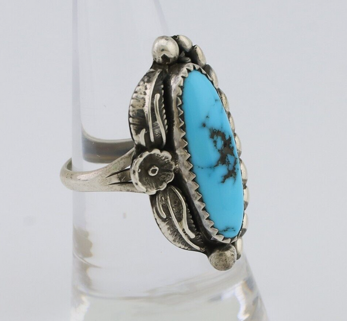Navajo Ring 925 Silver Sleeping Beauty Turquoise Artist Signed SC C.80's