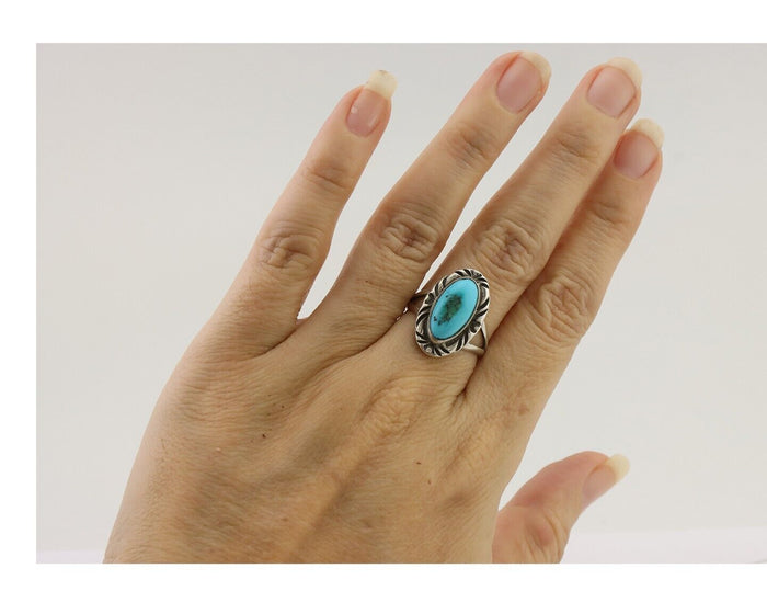 Navajo Ring 925 Silver Sleeping Beauty Turquoise Artist Signed SC C.80's