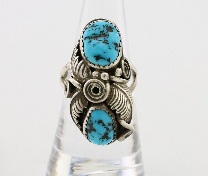 Navajo Ring 925 Silver Sleeping Beauty Turquoise Signed GR C.80's