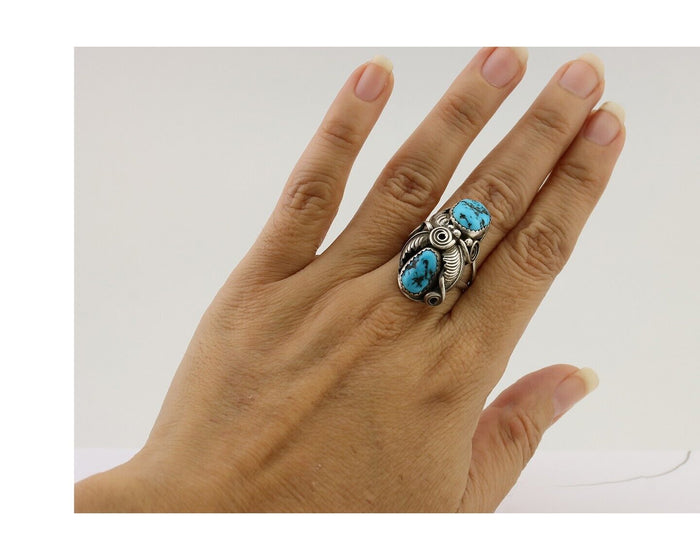 Navajo Ring 925 Silver Sleeping Beauty Turquoise Signed GR C.80's
