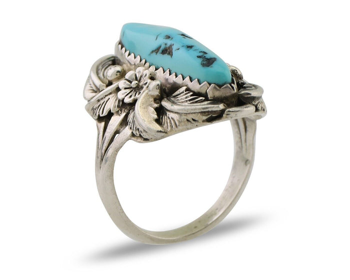 Navajo Ring 925 Silver Sleeping Beauty Turquoise Signed JJM C.80's