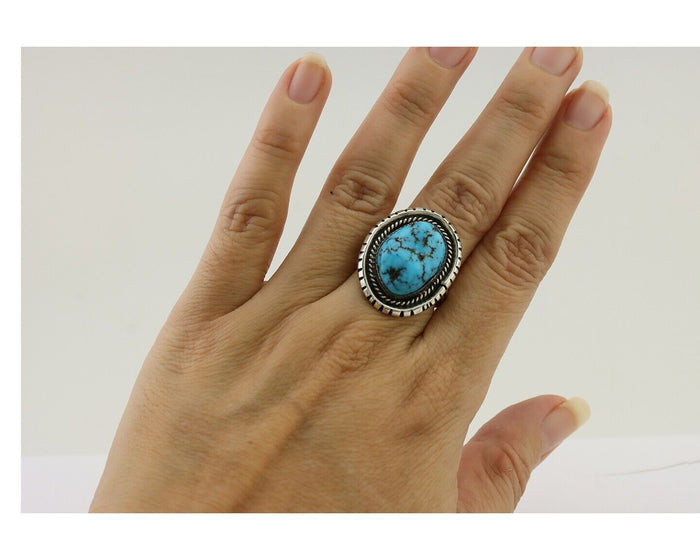 Navajo Ring 925 Silver Sleeping Beauty Turquoise Signed SC C.80's