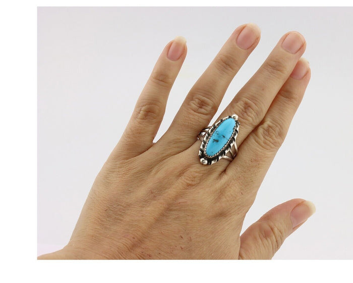Navajo Ring .925 Silver Sleeping Beauty Turquoise Signed SkyStone Creations C80s