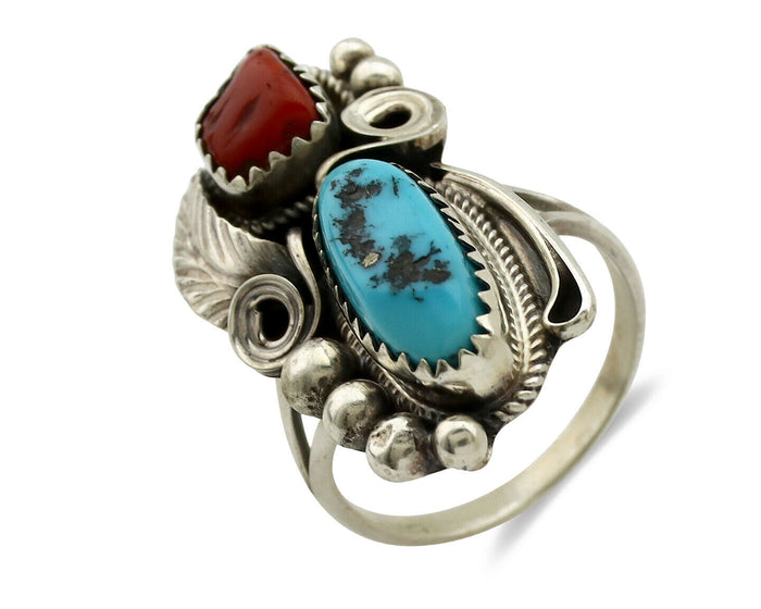 Navajo Ring .925 Silver Turquoise & Coral Artist Signed J Morris C.80's