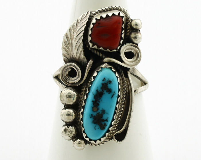 Navajo Ring .925 Silver Turquoise & Coral Artist Signed J Morris C.80's
