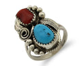 Navajo Ring .925 Silver Turquoise & Coral Artist Signed Justin Morris C.80's