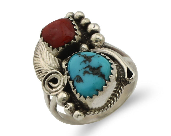 Navajo Ring .925 Silver Turquoise & Coral Artist Signed Justin Morris C.80's