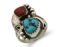 Navajo Ring .925 Silver Turquoise & Coral Artist Signed Justin Morris C.80's