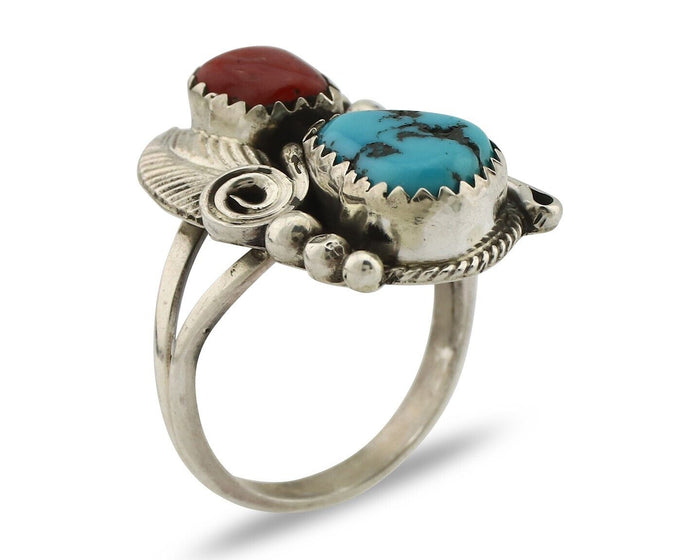 Navajo Ring .925 Silver Turquoise & Coral Artist Signed Justin Morris C.80's