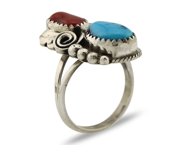 Navajo Ring .925 Silver Turquoise & Coral Artist Signed Justin Morris C.80's