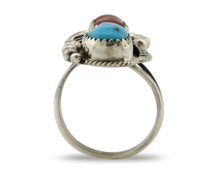 Navajo Ring .925 Silver Turquoise & Coral Artist Signed Justin Morris C.80's