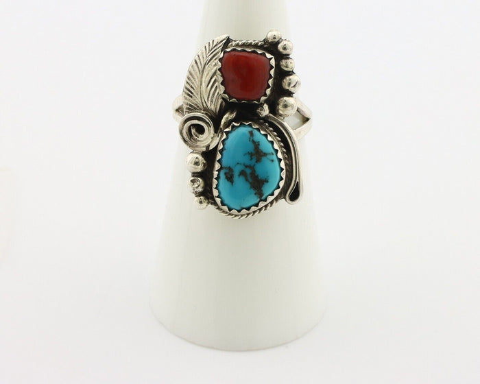 Navajo Ring .925 Silver Turquoise & Coral Artist Signed Justin Morris C.80's