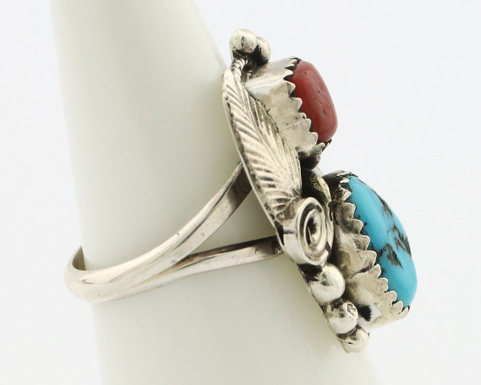 Navajo Ring .925 Silver Turquoise & Coral Artist Signed Justin Morris C.80's