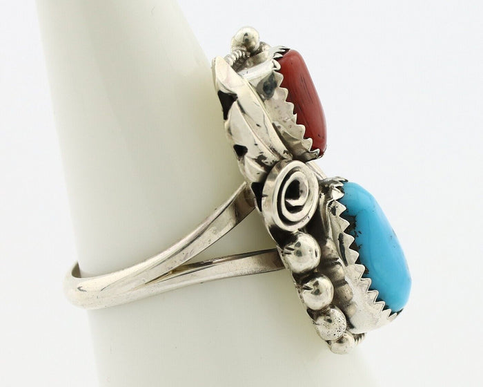 Navajo Ring .925 Silver Turquoise & Coral Artist Signed Justin Morris C.80's