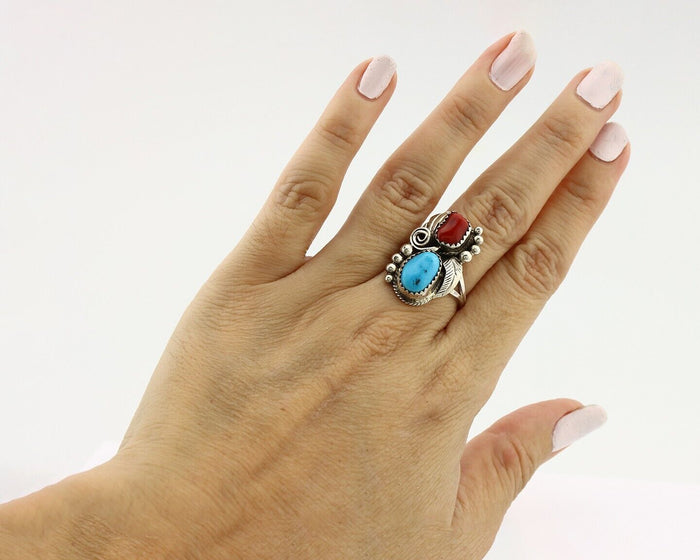 Navajo Ring .925 Silver Turquoise & Coral Artist Signed Justin Morris C.80's