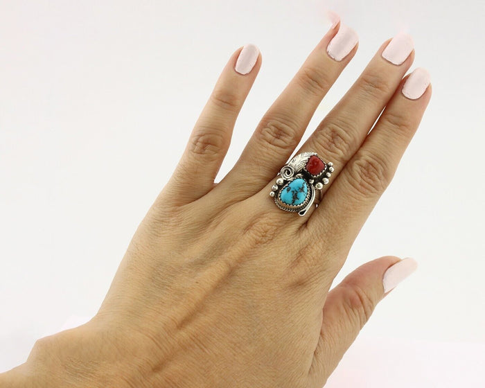 Navajo Ring .925 Silver Turquoise & Coral Artist Signed Justin Morris C.80's