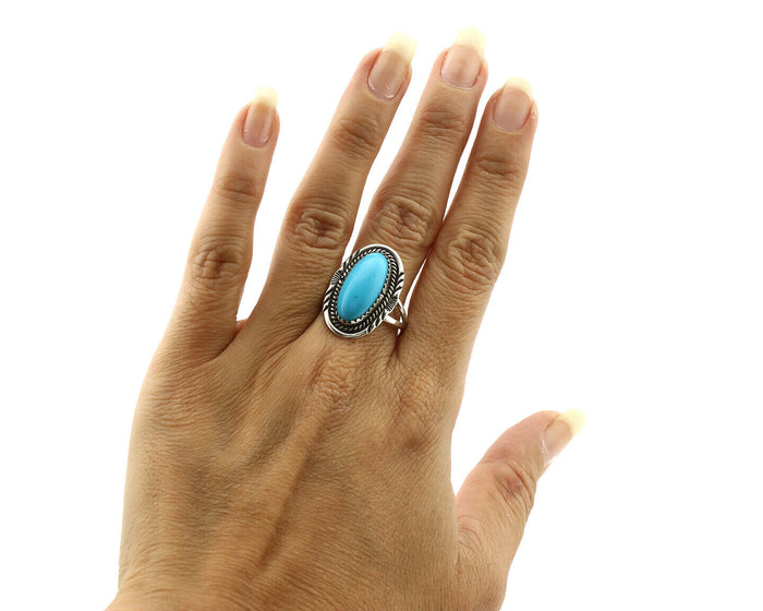 Navajo Ring .925 Silver Turquoise Mountain Signed AB C.80's