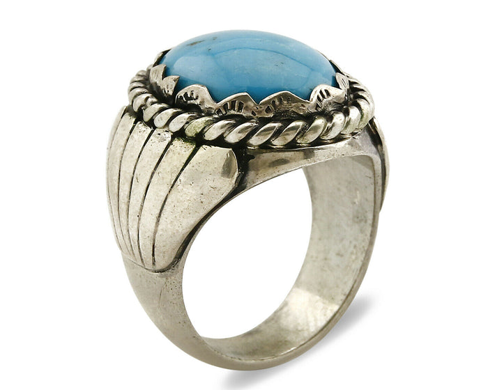 Navajo Ring .925 SOLID Silver Kingman Turquoise Signed Artist TeePee C.80's