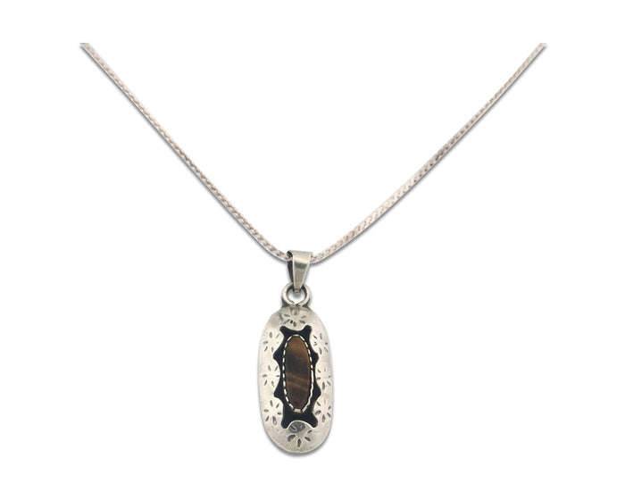 Navajo Sterling Silver Necklace Authentic Tiger Eye Sapphire Vintage Handmade
