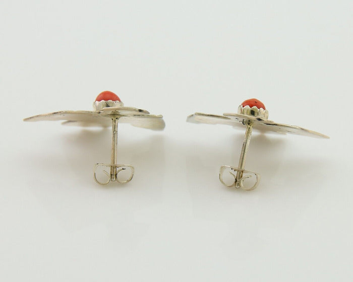 Navajo Thunderbird Earrings 925 Silver Natural Red Coral Native Artist C.80's