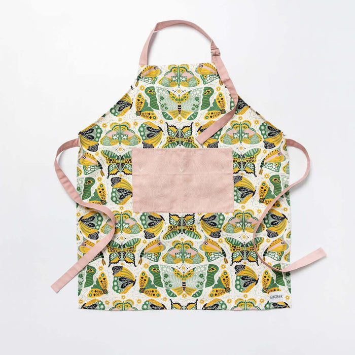 Apron - Gingiber floral apron with adjustable neck strap, large pocket, cotton canvas, 29" L x 26" W, tie back, 100% cotton, imported