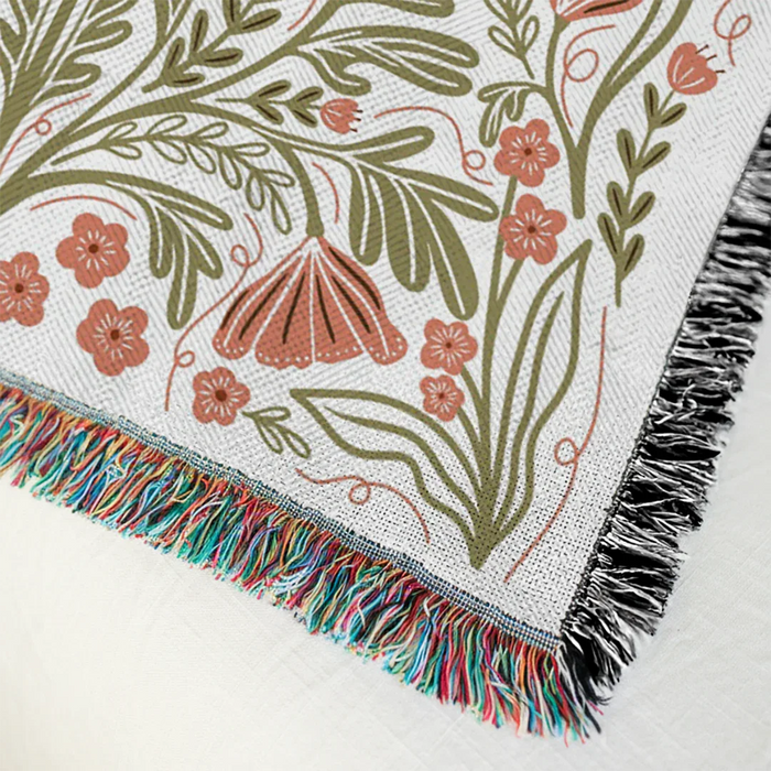 Poppy Blanket—Details 72x54, 100% cotton, woven in North Carolina, handmade in USA, gingiber order ships separately, handwash or gentle machine wash, cool dry